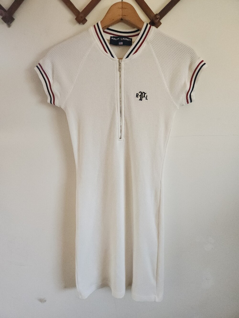 Vintage Ralph Lauren White Knit Polo Zip-Front Mini Dress Navy Red Small